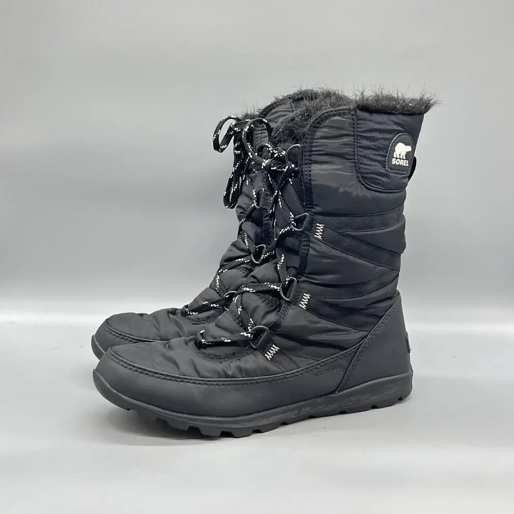 Sorel Boots Womens 9.5 Black Nylon Waterproof Mid Calf Faux Fur Snow Shoes
